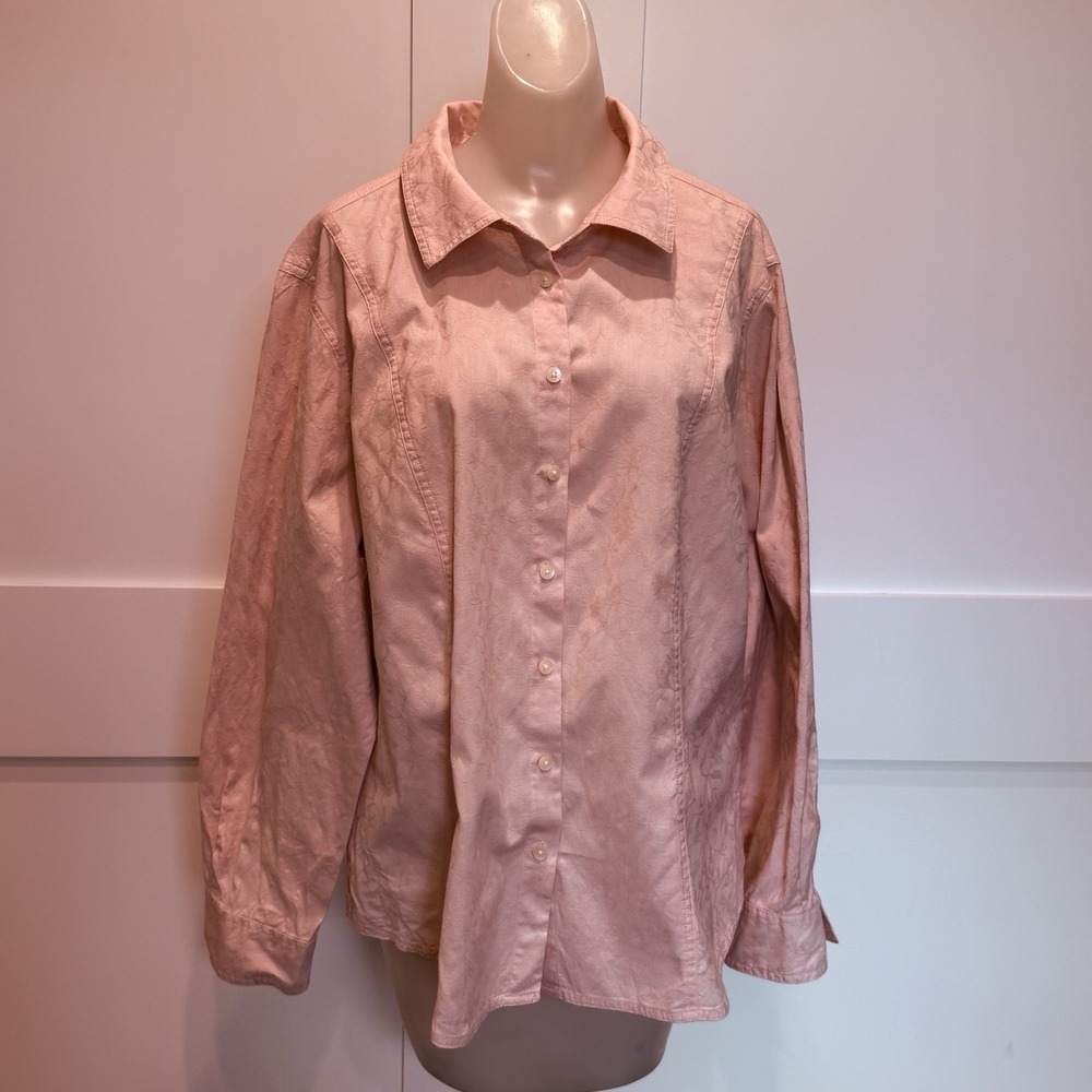 Vintage J. Jill Pink Floral Jacquard Button Front Blouse Women's Size L Cotton